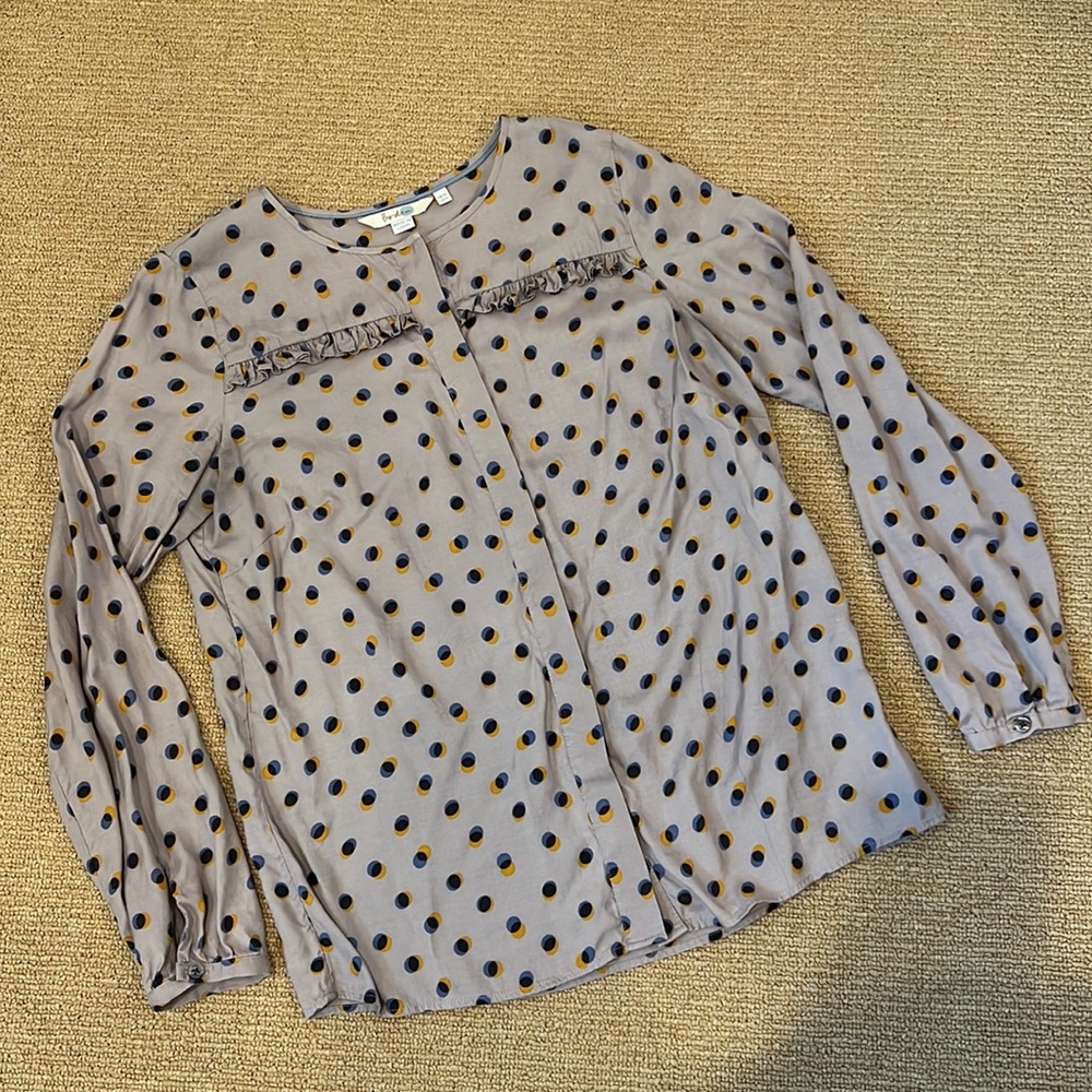 Boden Polka Dot Blouse Ruffle Purple Silk Blend Long Sleeve